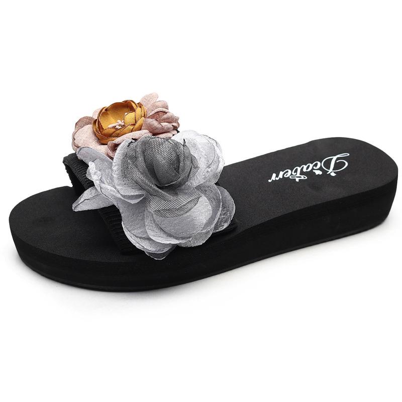 

Модные шлепанцы с цветами женские туфли на платформе летние танкетки свежие 2025 корейские новые пляжные шлепанцы противоскользящие милые женские слайды повседневные 5