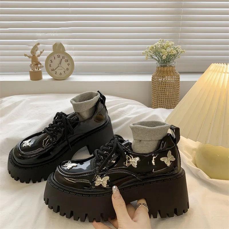 Fashion Women's Butterfly Patent Leathe Single Shoes College Style Comfortable Increased Student Lolita Gothic Shoes Japan Uniform Shoes