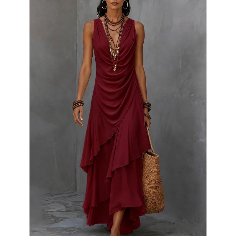 GMXIA Women's Fashion Summer Spring V-Neck Sleeveless Solid Color Print Casual Dresses