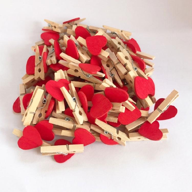 DIY Craft Wooden Clips Natural Wood Clothespins Love Heart 50pcs Colored Heart