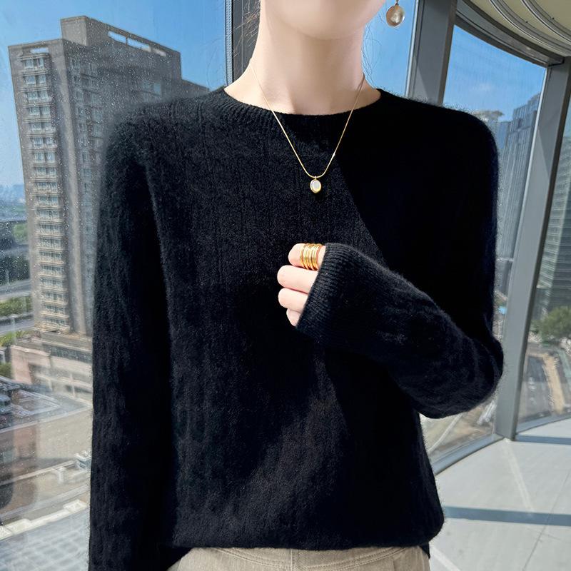 Women's Cashmere Sweater - Autumn Winter Solid Color Jacquard Round Neck Loose Knit