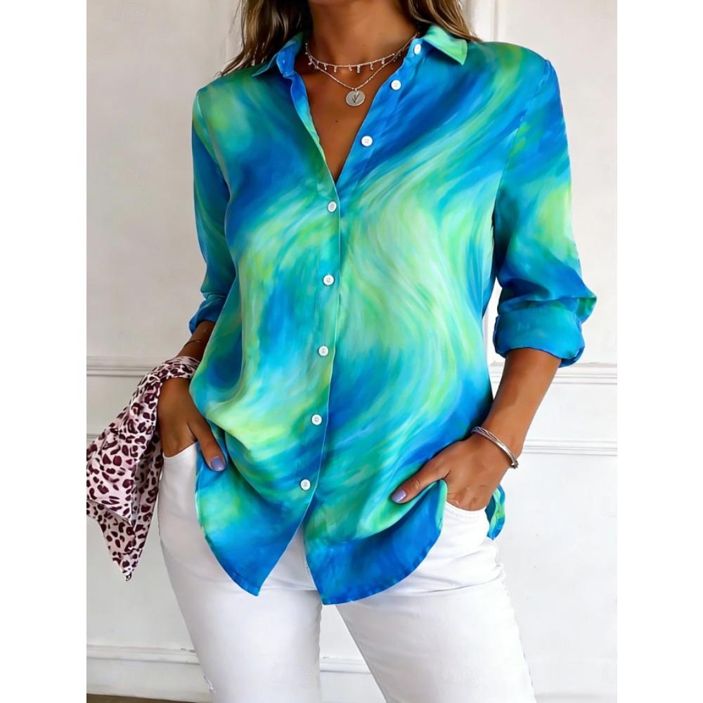 Abstract Floral Print Women Blouse Spring Autumn Femme Office Lady Button Up Turn Down Collar Shirts