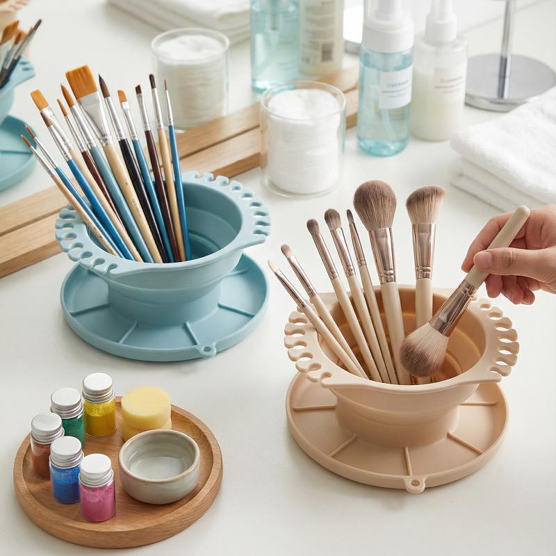 3 In 1 Makeup Brush Cleaner Silicone With Brush Holder Powder Puff Cleaning Bowl Folding Makeup Brush Cleaning Box Travel
