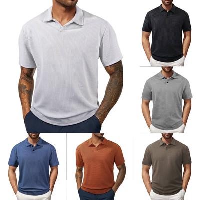 Pánské jednobarevné tričko s krátkým rukávem a klopou na knoflíky Pánská ležérní módní košile