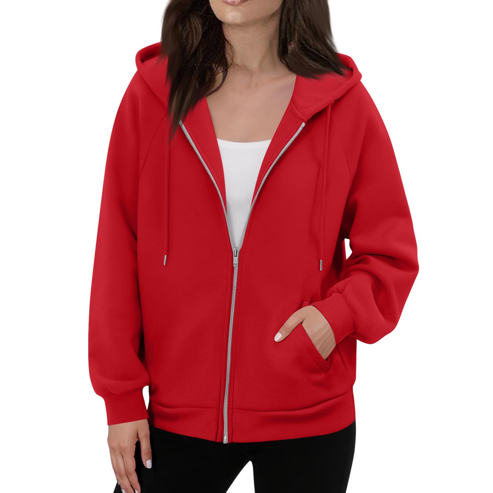 

Женская однотонная повседневная модная толстовка с длинным рукавом на молнии и капюшоном L красный