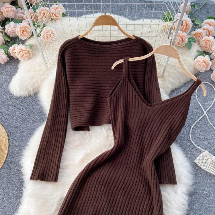 Women Autumn Winter Knit Set Slim Solid Color Two Piece All Match Crop Sweater Hip Dress For Ladies