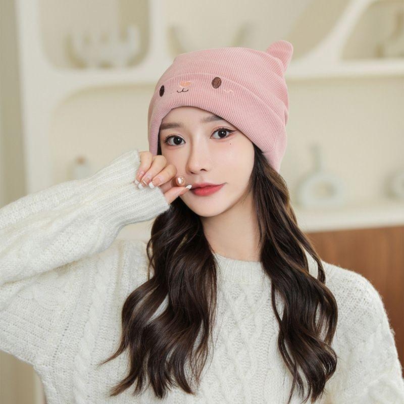Winter Cute Cat Ear Knitted Hat Warm Beanie Winter Pullover Cap for Womens Girls