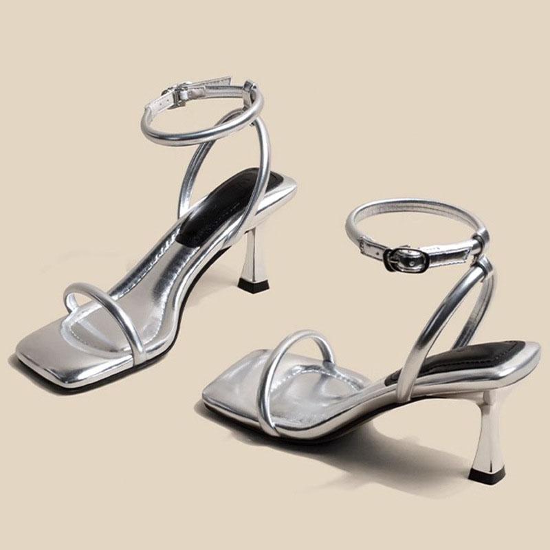 Fashion Black Ankle-Strap Buckle Sandal Summer Square Toe Ladies Stiletto High Heel Shoes Sexy Solid Thin Band Sandalias De Mujer Verano
