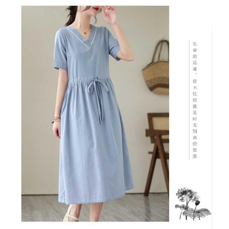 V-neck Mid-length Dress Summer New Retro Literary Large Swing A-line Skirt