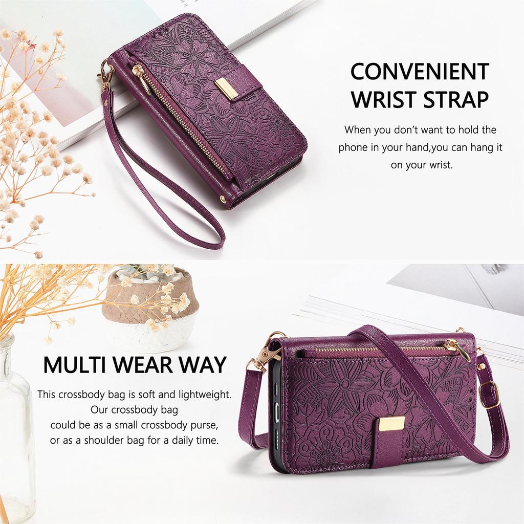 Floral Leather Wallet Case for Samsung Galaxy A05-A71 / S24-S25 series...with Detachable Shoulder Strap