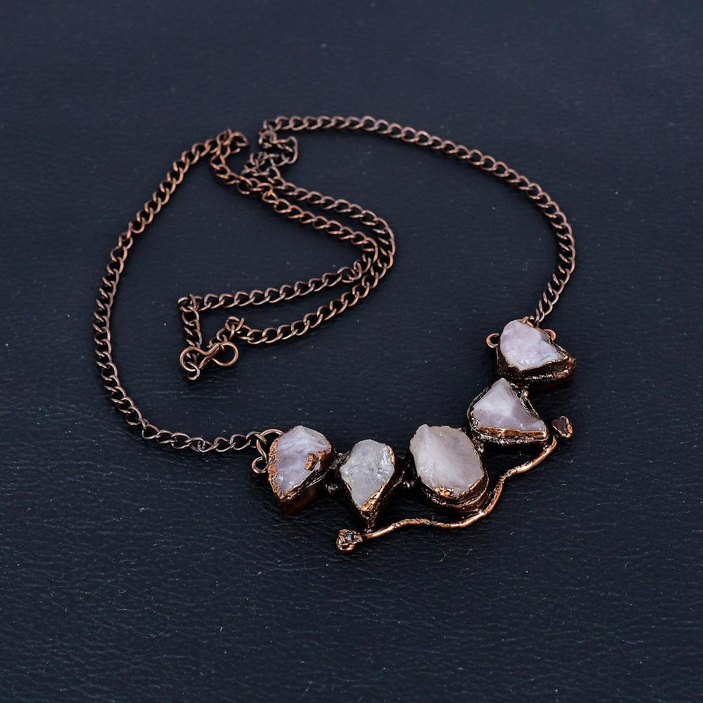 Rose Quartz Necklace, Gemstone Copper Electroformed Handmade Wonderful Jewelry Necklace, Gift for Introverted