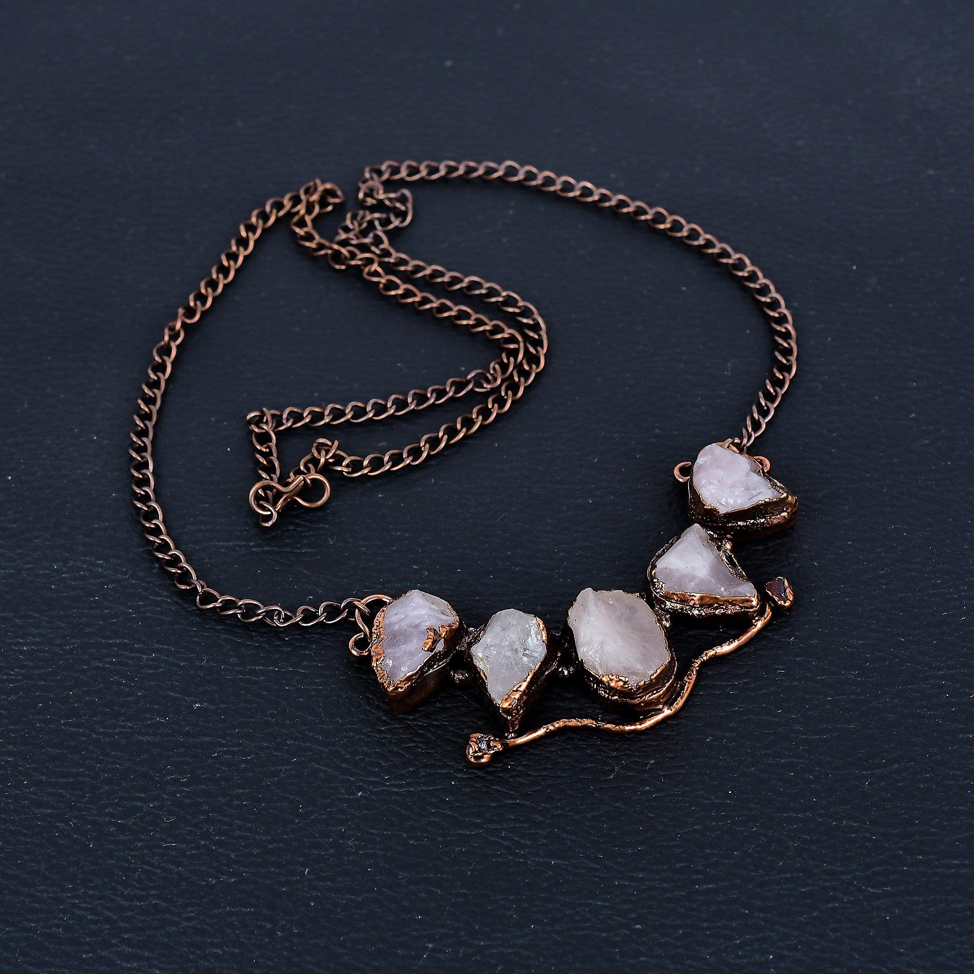 

Rose Quartz Necklace, Gemstone Copper Electroformed Handmade Wonderful Jewelry Necklace, Gift for Introverted