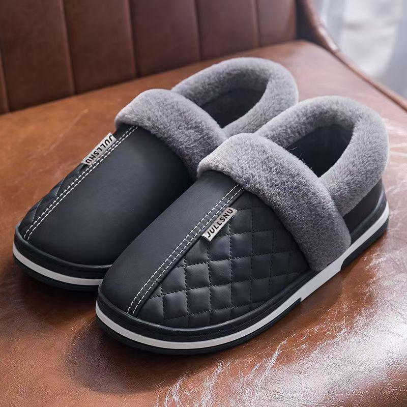 2024 Men's Winter Waterproof Non-Slip PU Heeled Cotton Slippers - Thick-Soled, Warm Indoor/Outdoor Footwear