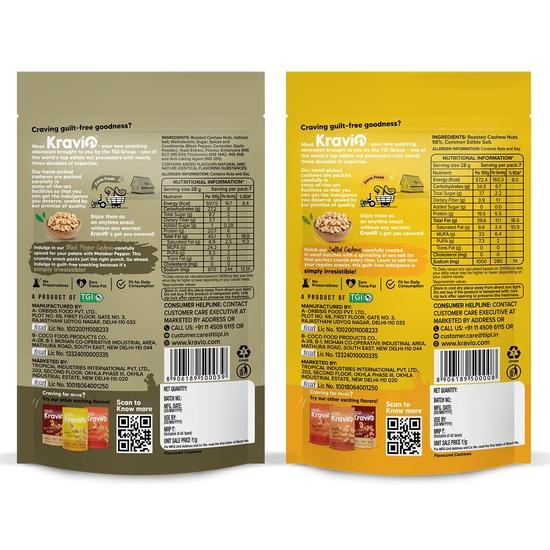 Kravio Premium Black Pepper & Salted Roasted Cashew Nuts (2 X 200g) |Natural Jumbo Size Whole Kaju Nuts |Roasted Crunchy Delicious Healthy Snacks