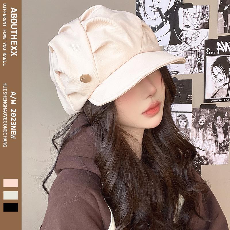 New Black Pleated Cloud Hat for Women with Big Head Octagonal Hat Showing Versatile Face Beret for Women