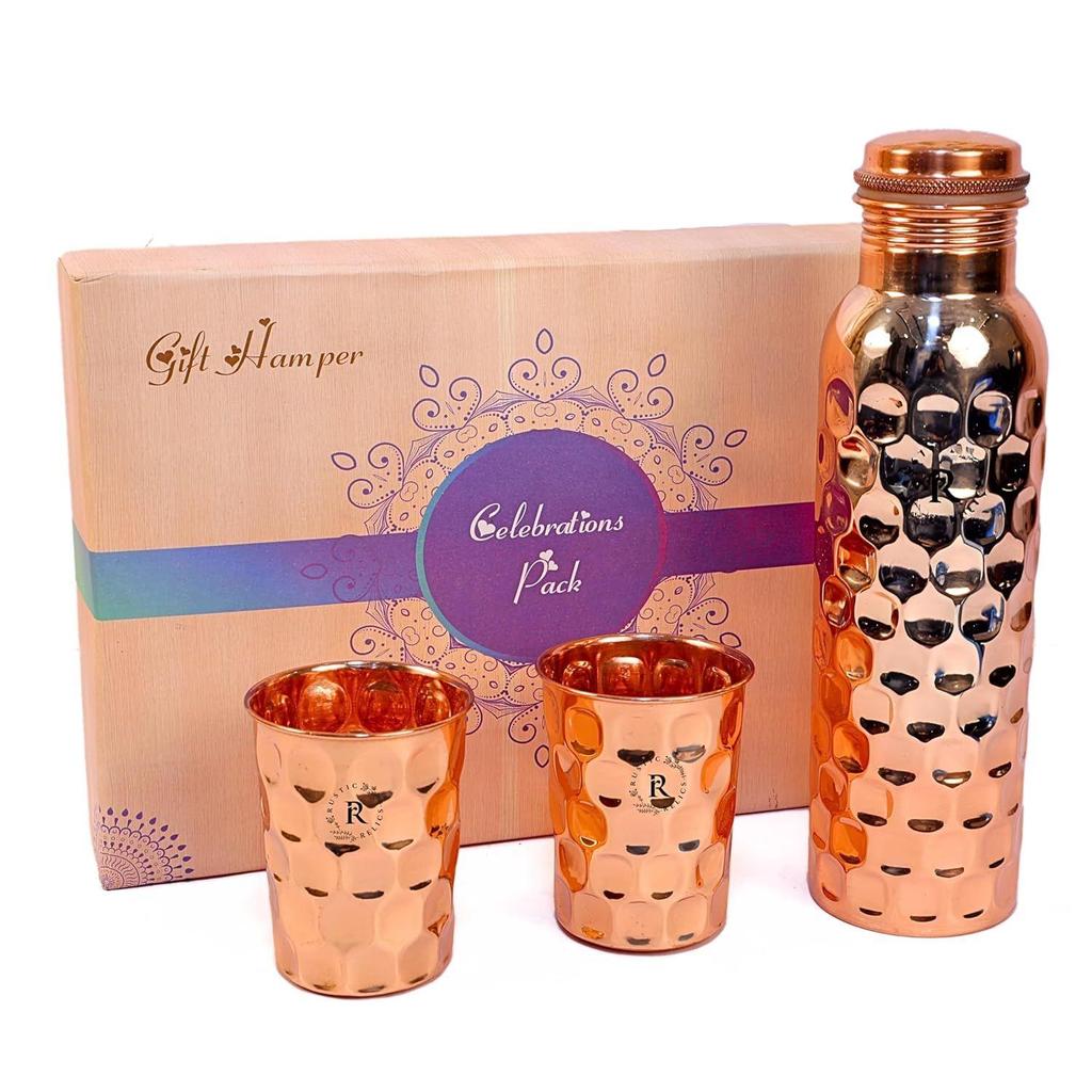 Diamond Pure Copper Bottle - 1L with 2 Glass Set | Ayurvedic Health Benefits Hammered Design | Leak-Proof And Jointless Water Bottle Hand Made