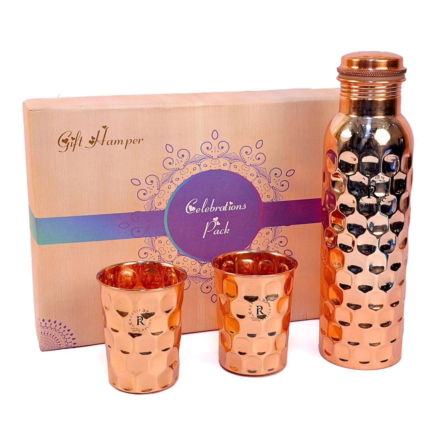

Diamond Pure Copper Bottle - 1L with 2 Glass Set | Ayurvedic Health Benefits Hammered Design | Leak-Proof And Jointless Water Bottle Hand Made