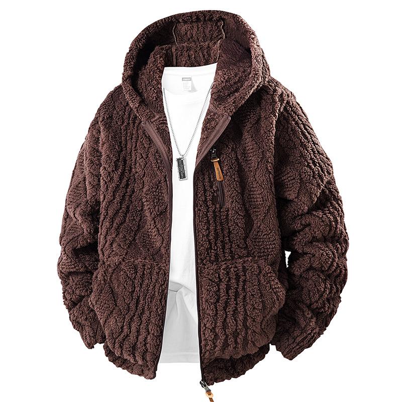 Men's European Size Hooded Fleece Zipper Jacket - Trendy Autumn/Winter Imitation Lamb Wool Coat