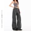 Women's Retro Grey Wide-Leg Cargo Pants with Pleated Design and Multi-Pockets
