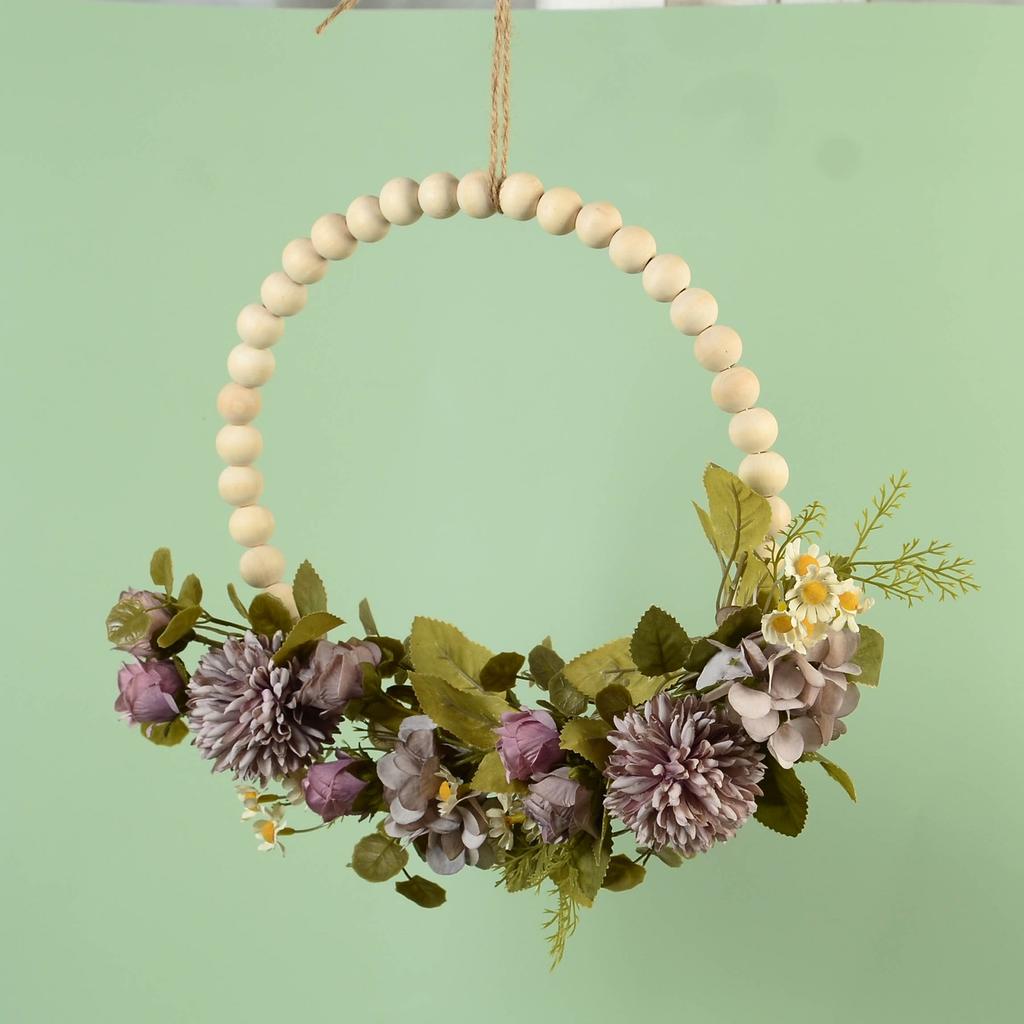 Wood Beads Artificial Flower Wreath for Front Door Spring Wreath for Wedding Valentines Indoor and Outdoor Decoration