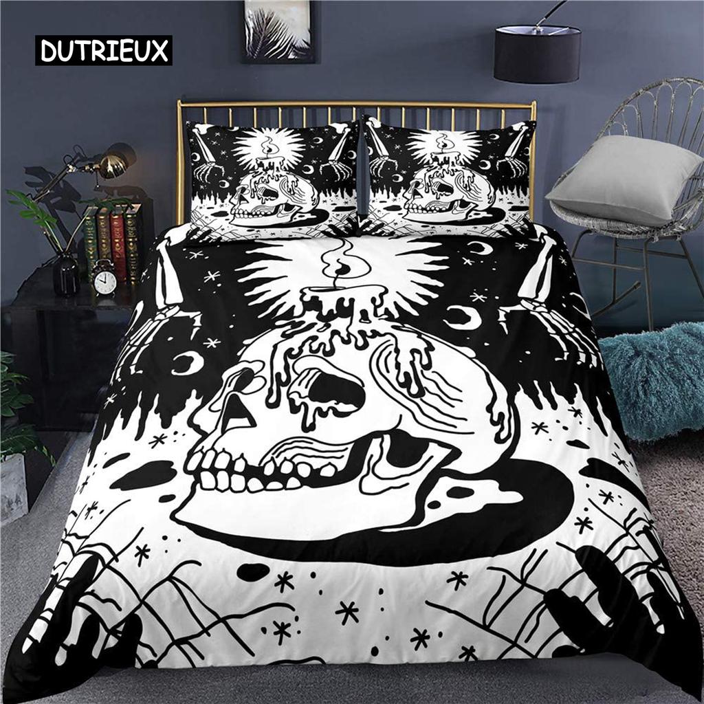 Skull Bedding Duvet Cover Set, White and Black Boho Gothic Skull Skeleton Bones Theme Bed Comforter Cover for Adults Decor