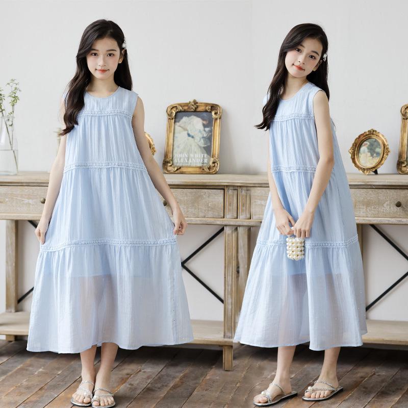 

2025 Summer Girls Sweet Lace Holiday Vest Dress with Big Swing 160 cm
