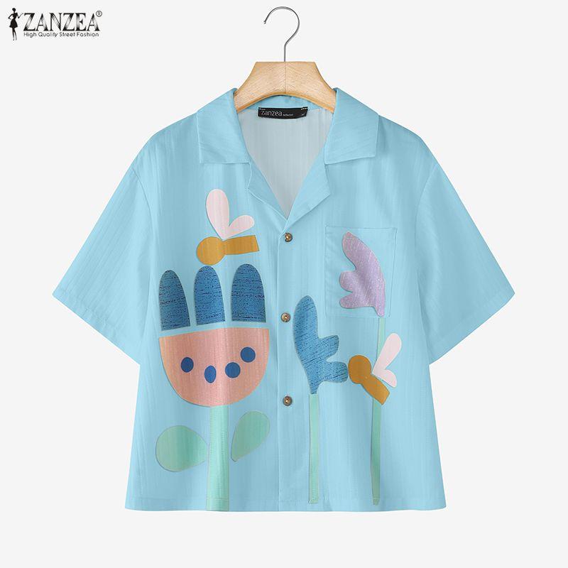ZANZEA Women Casual Turn Down Collar Short Sleeve Loose Print Blouse