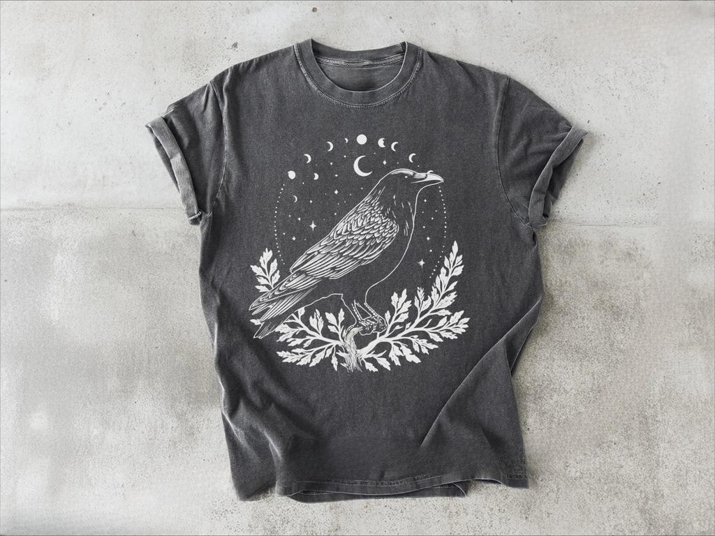 Raben Mondphasen Comfort Colors T-Shirt: Gothic Celestial T-Shirt Grafik T-Shirts Retro Streetwear Kurzärmeliges Herren T-Shirt