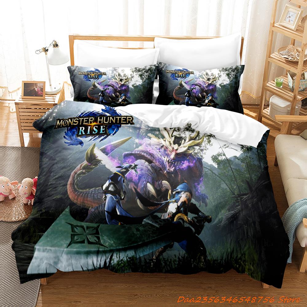 Comforter Personelity Monster Hunter Rise Bedding Set Cartoon Anime Three-Piece Set Adult Kid Bedroom Three-Piece Suits 3D Game Monst