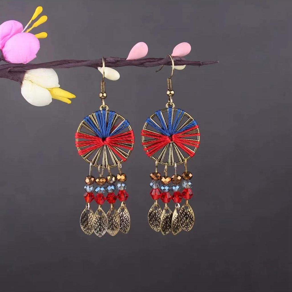 Bohemian Turquoise Owl Dream Catcher Tassel Earrings for Women