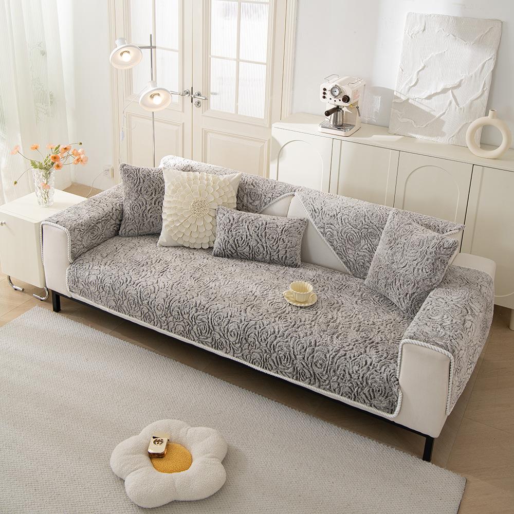 Rose Fleece Sofa Cushion Thickened Warm Plush Seat Cushion  New Fixed Non-Slip Sofa Cover Cover Cloth