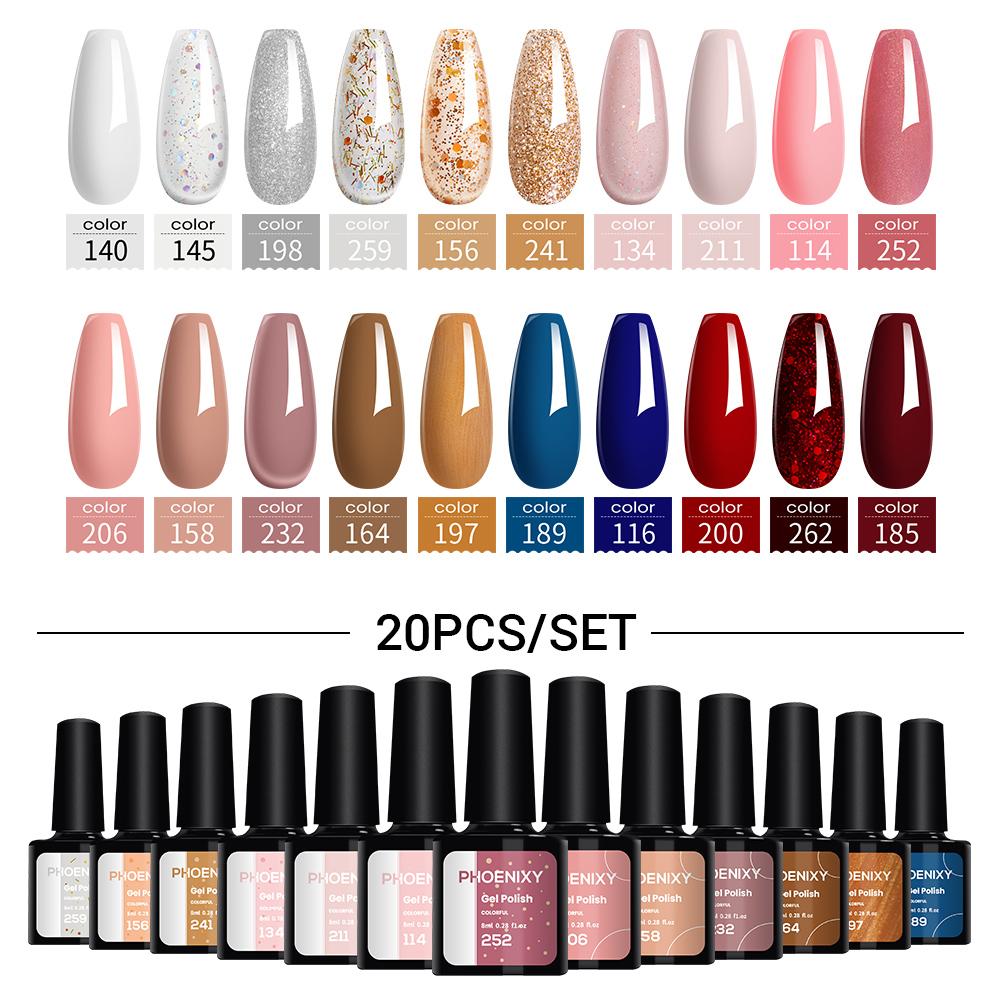 PHOENIXY Set de 20 de lacuri de unghii cu gel pentru unghii Soak Off Gel UV UV LED Lac de unghii pentru manichiura Set cadou pentru femei