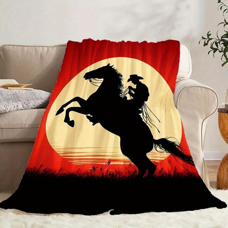 1pc Western Cowboy Throw Blanket - Soft Flannel Bedspread with Red to Black Ombre Sunset & Cowboy Silhouette - All-Season Couch,