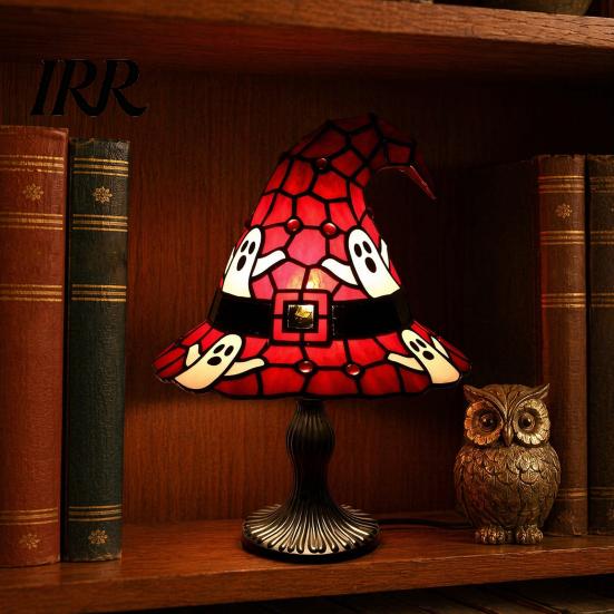 Soft Warm Bedside Lamp Stained Glass Witch Hat Lamp, Handcrafted Retro Resin USB Powered Gothic Fantasy Colored Wizard Hats Night Light,