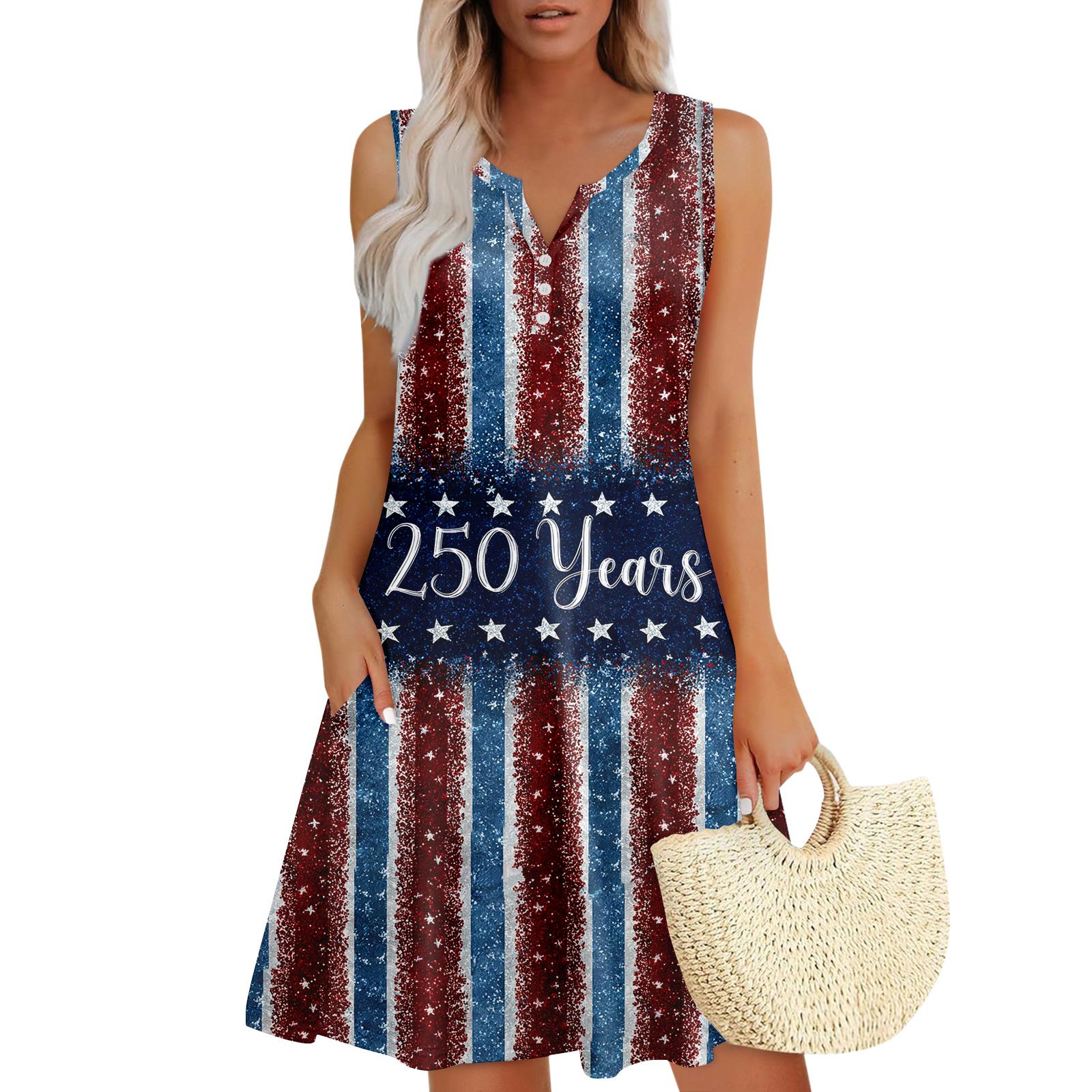 

Sleeveless V Neck Printed Dress with 250 Years Lettering Loose Fit Casual A Line Dress for Women Summer Holiday Wear XL винний