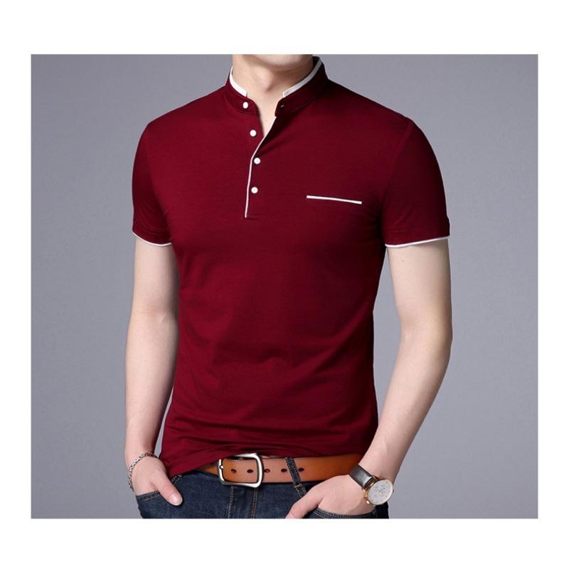 Mens Stand Collar Short Sleeve Slim Fit Big Size Solid Casual T Shirt
