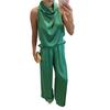 Women 2 Piece Satin Outfits Halter Neck Sleeveless Top And Wide Leg Pants Set Casual Vocation Lounge Set