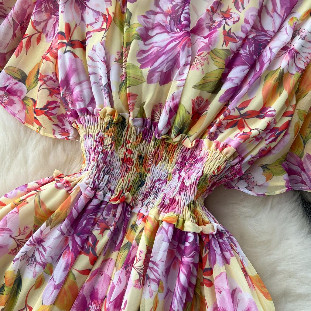Retro V-Ausschnitt Schmetterlingsärmel Druck Chiffon Elegantes Sommerkleid A-Linie Schlagärmel Urlaubsdruck Damenkleider
