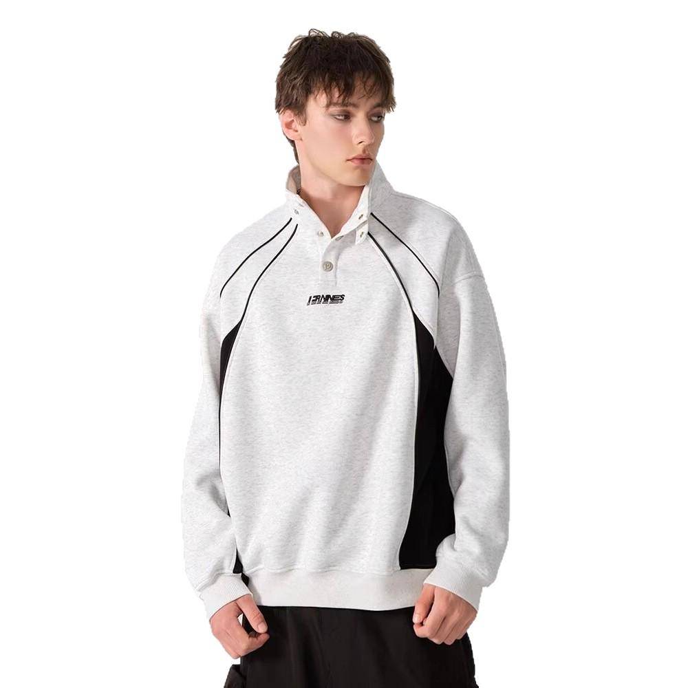 2025 Trendy Hong Kong Style Color Block Polo Shirt with Embroidery Lettering - Men's Retro Loose Hoodie