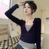 Korean Style Slim Fit Long Sleeve T-shirt - Women's Versatile Two-Piece Look, 260g, Autumn Winter Temperament
