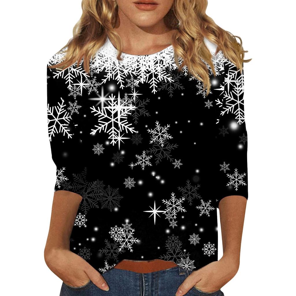 Spring and Autumn Round Neck Christmas Themed Pattern 3D Printed Top Fashionable Casual Long Sleeved Women's T-shirts