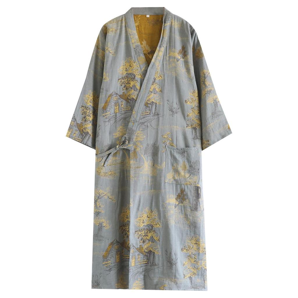 Men's Pure Cotton Jacquard Kimono Robe - Loose Fit, Plus Size, Ideal for Spring to Autumn Sleepwear and Sauna.