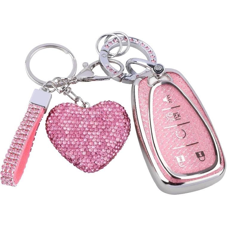 Compatiable with Chevy 5 Button Key Fob Cover with Diamond Bling Keychain, Car Accessories Keys Shell TPU for Chevrolet Equinox Malibu Camaro