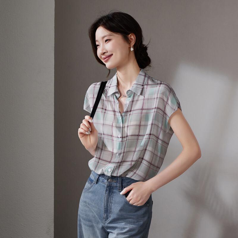 SOFSIL Women s Retro Plaid Mulberry Silk Shirt S