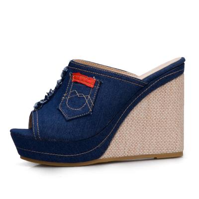 Mode Dicken Boden Frauen Hausschuhe Plattform Jeans Keilabsatz Maultiere Schuhe Sommer Sandalen Damen Offene Spitze Keil Schuhe Für Frau Rutschen
