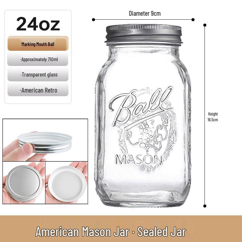 Bicchiere Mason Jar Americano Retrò con Coperchio - Tazza di Vetro per Fiocchi d'Avena, Contenitore Trasparente per Bevande, Sigillato e Vuoto.