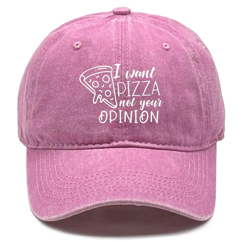 I want pizza not your opinion" Print Snapback Sun Hat, Trucker Hat Sun Protective Sporting Headwear Distressed Adjustable Baseball Hat