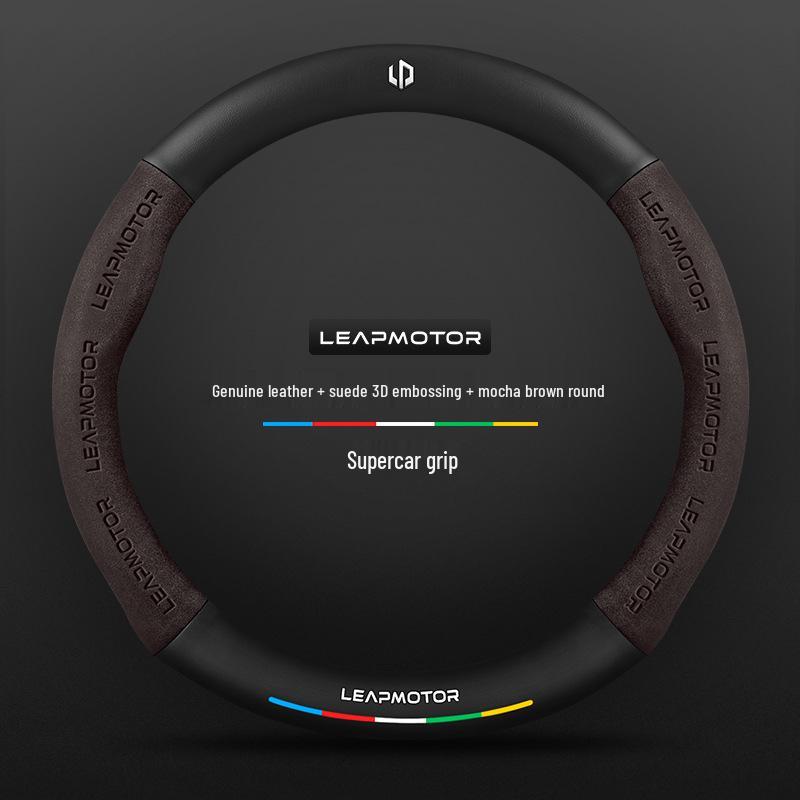 Universal Non-Slip Suede 3D Embossed Genuine Leather Steering Wheel Cover for All Seasons