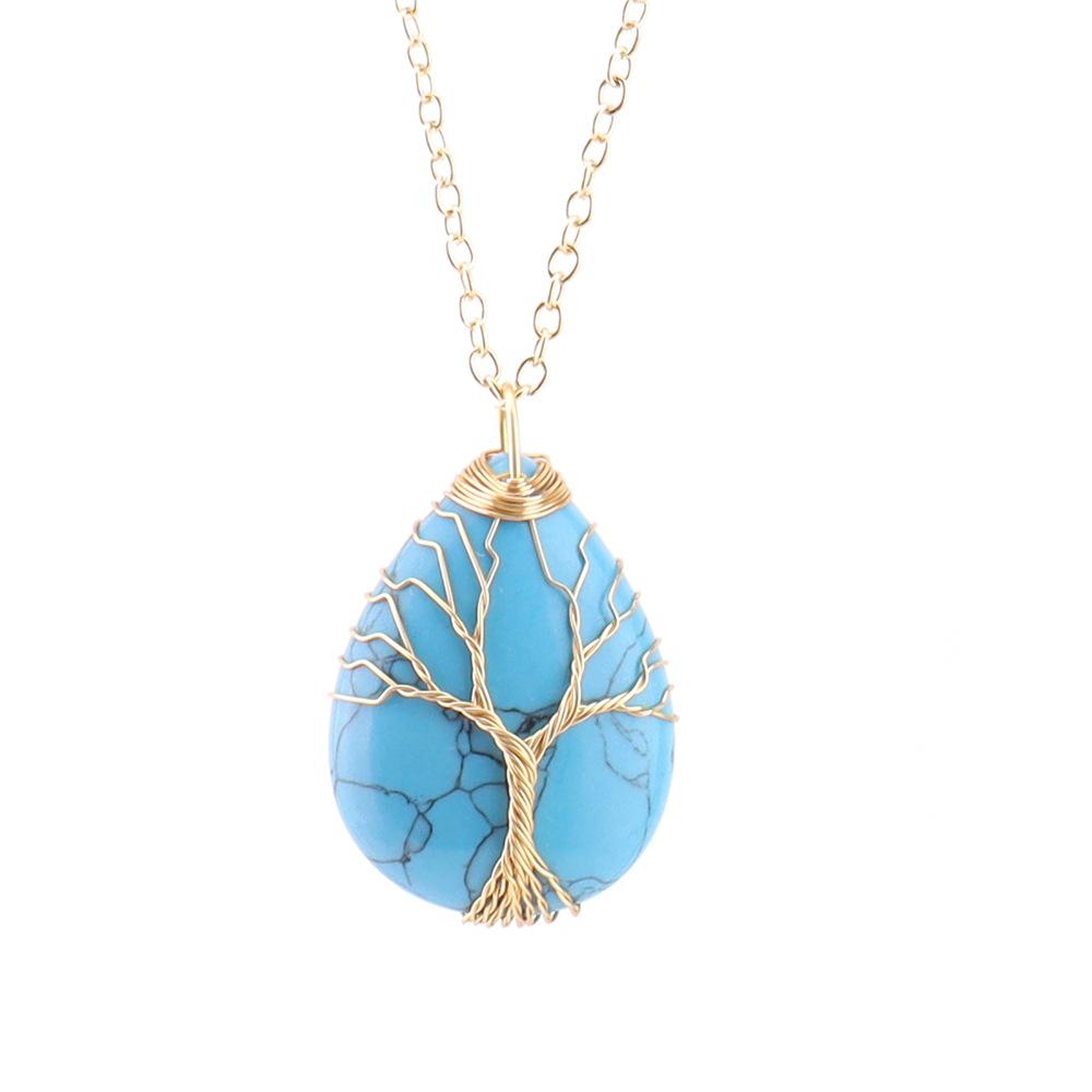 Natural Crystal Water Drop Leaf & Tree of Life Pendant Necklace for Women, Alloy Woven Jewelry Accessory N749