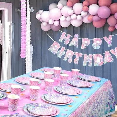 Mermaid Party Supplies Set with Plates Napkins Tablecloth Banner and Cupcake Toppers Perfect for Birthday Party Decorations